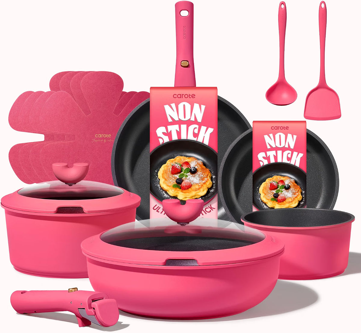 BATERIA DE COCINA CAROTE 15 PZAS COLOR ROSA CON ASAS DEMONTABLES ✨PAGO SEMANAL $80✨