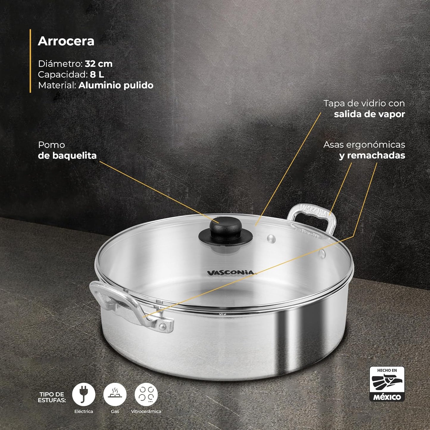 Arrocera Vasconia Plata De 32cm De Aluminio (9 LTS) ✨PAGO SEMANAL $45✨