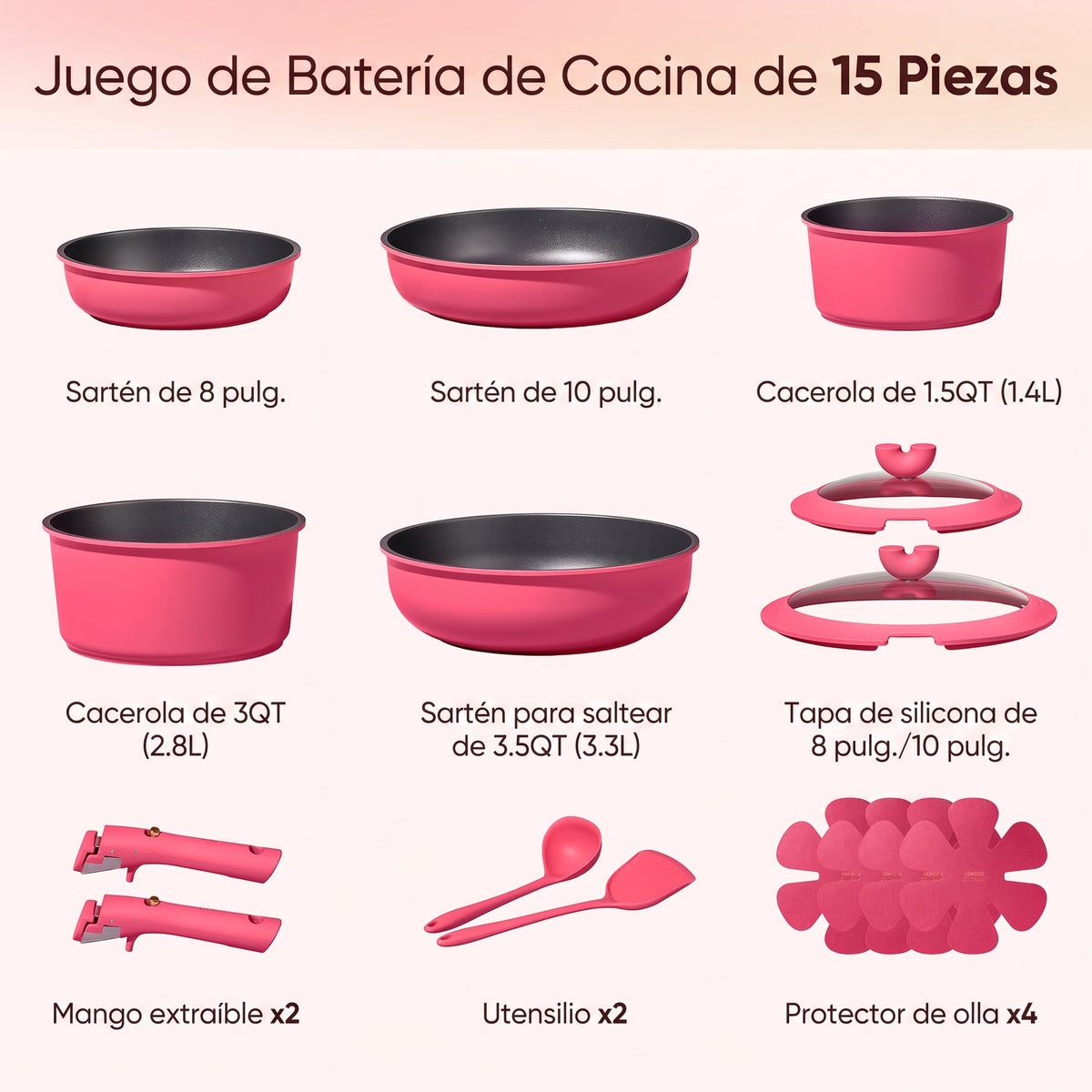 BATERIA DE COCINA CAROTE 15 PZAS COLOR ROSA CON ASAS DEMONTABLES ✨PAGO SEMANAL $80✨