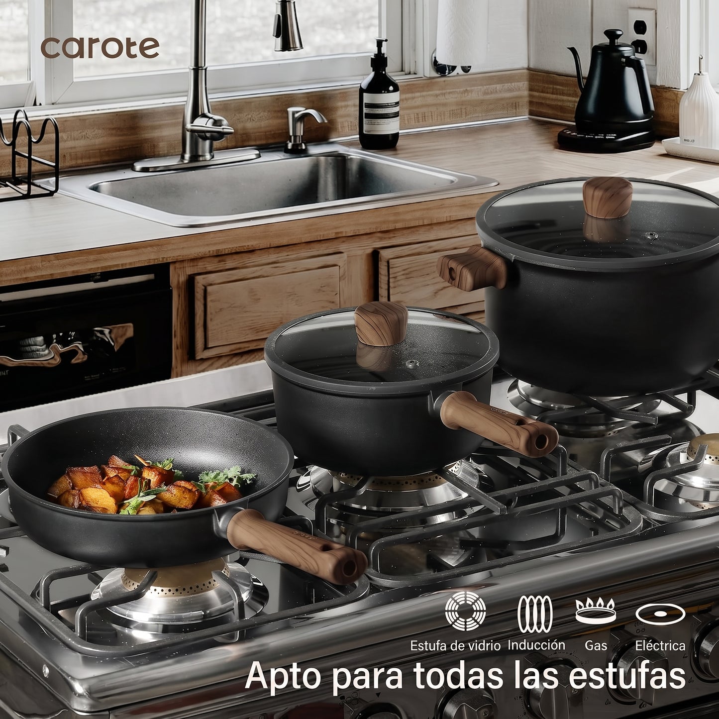 BATERIA DE COCINA CAROTE 16 Piezas antiadherentes, Mango Frío, Color Negro ✨PAGO SEMANAL $100✨
