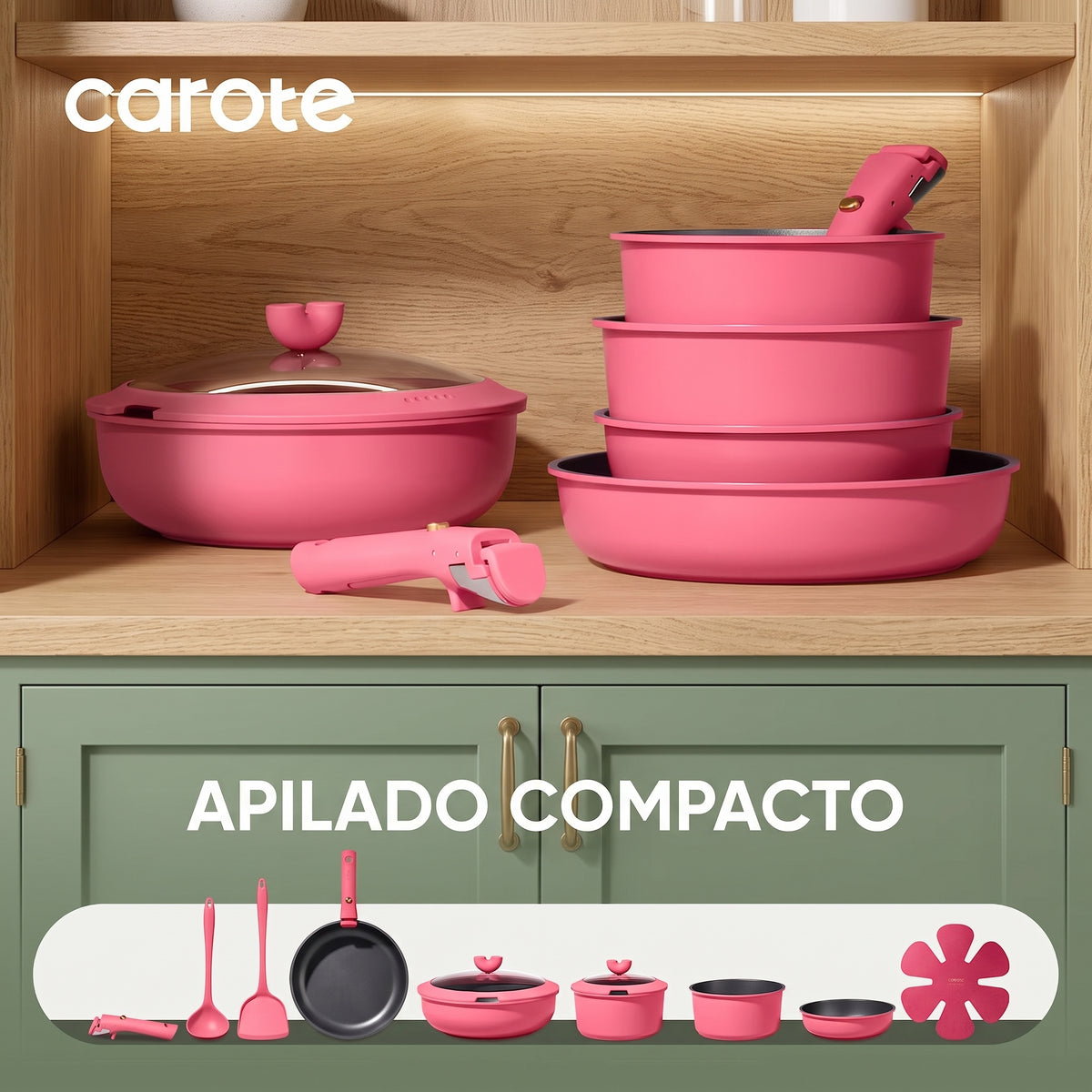 BATERIA DE COCINA CAROTE 15 PZAS COLOR ROSA CON ASAS DEMONTABLES ✨PAGO SEMANAL $80✨