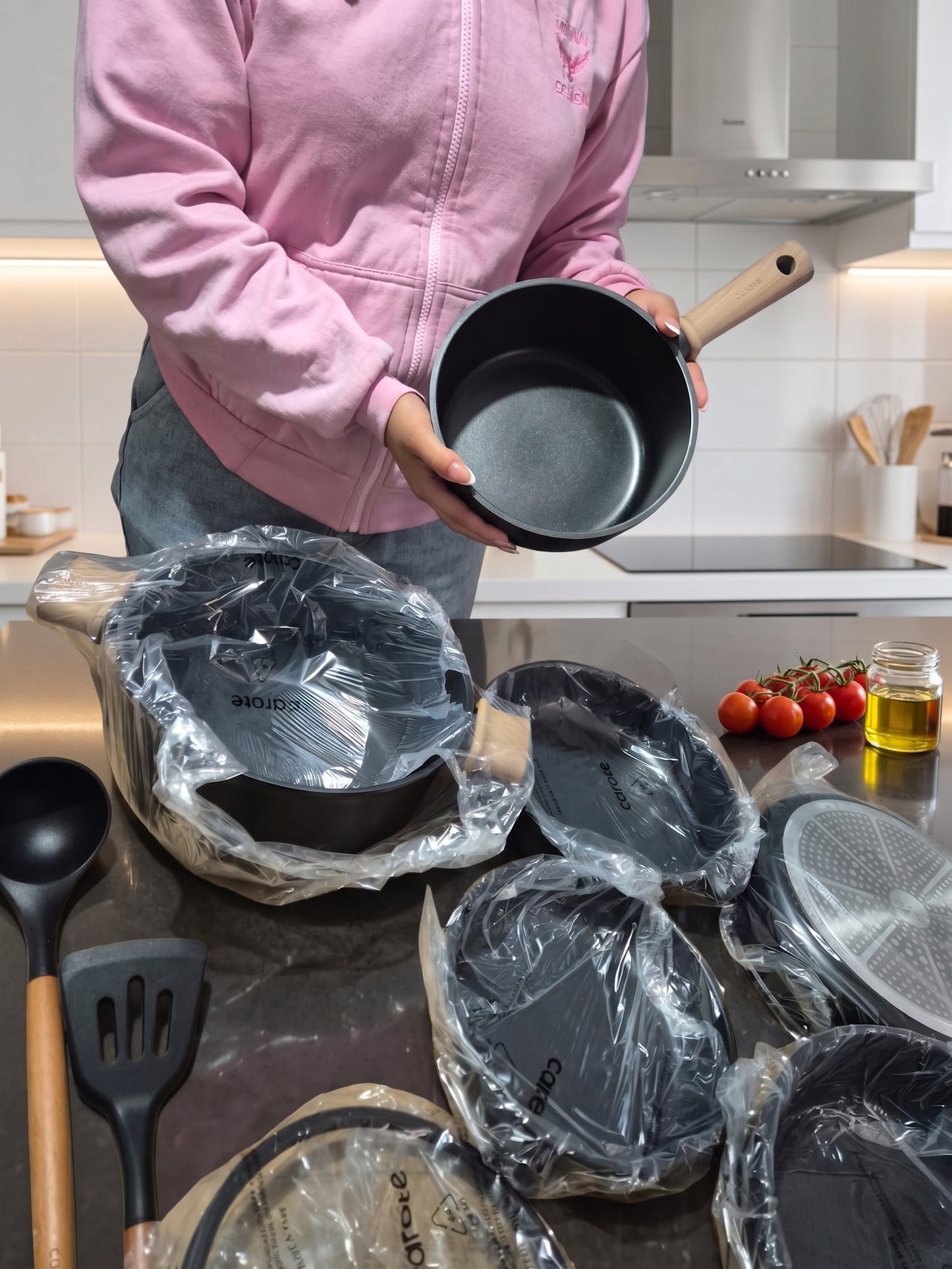 BATERIA DE COCINA CAROTE 16 Piezas antiadherentes, Mango Frío, Color Negro ✨PAGO SEMANAL $100✨