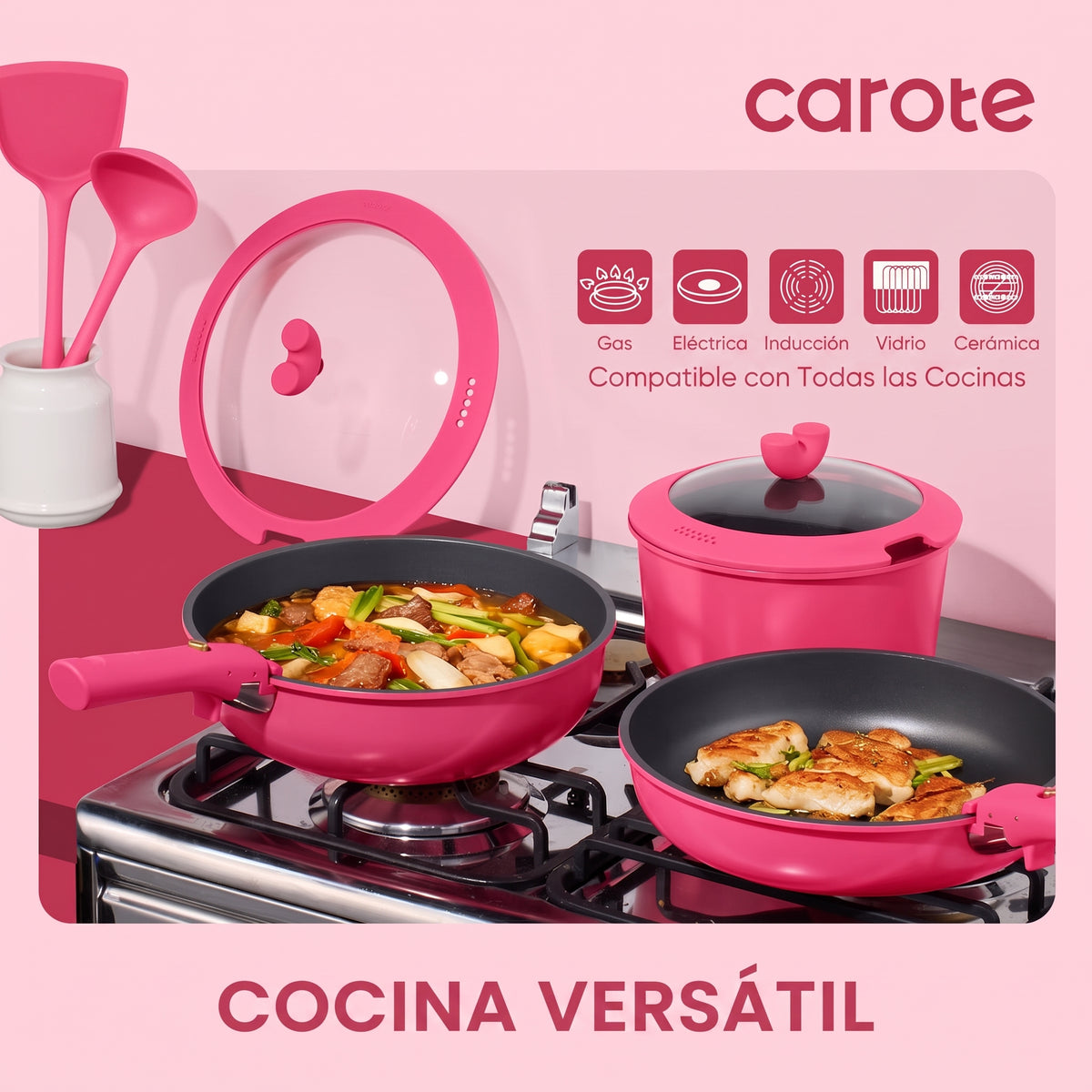 BATERIA DE COCINA CAROTE 15 PZAS COLOR ROSA CON ASAS DEMONTABLES ✨PAGO SEMANAL $80✨