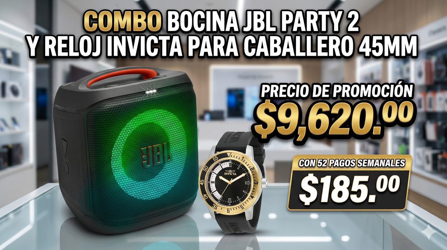 COMBO BOCINA JBL PARTY 2 Y RELOJ INVICTA PARA CABALLERO