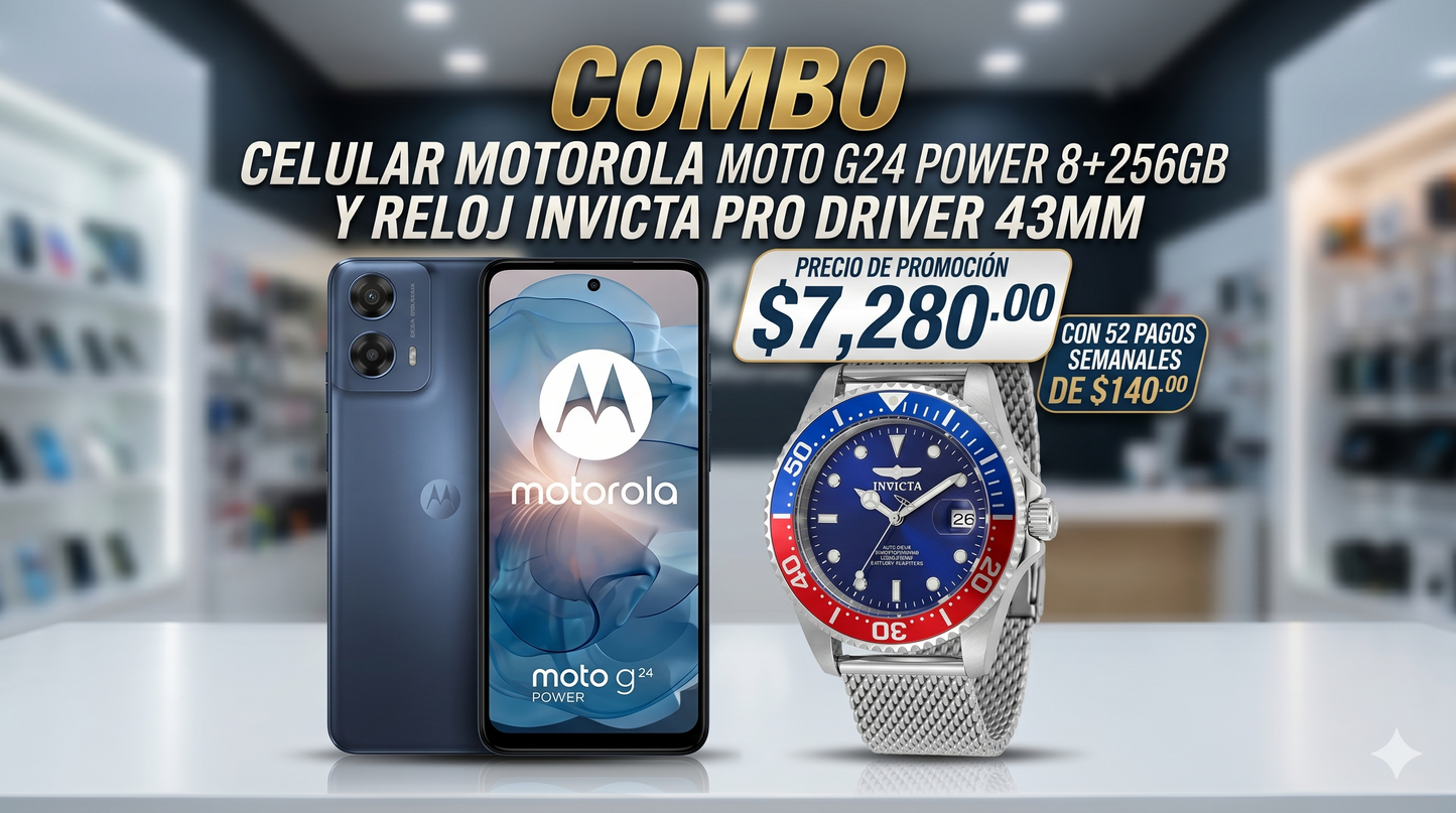 COMBO CELULAR MOTOROLA MOTO G24 POWER Y RELOJ INVICTA PRO DRIVER 43MM🔥