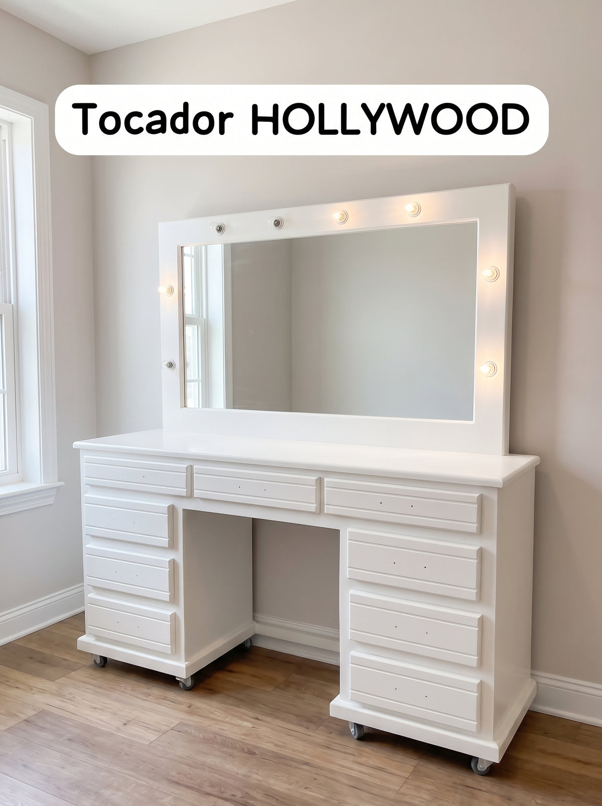 Tocador Hollywood 1.50m de Ancho con 9 Cajones y Espejo con Iluminación